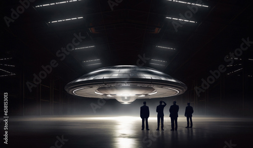 Group of men looking at a flying saucer hidden in a government warehouse