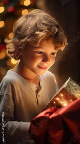 Child receiving christmas present, present, santa claus, merry christmas, ornament, decoration, wreath, thanksgiving - Created with Generative AI technology.