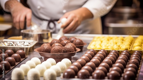 skilled chocolatier making chocolates in a sweet-smelling kitchen generative ai