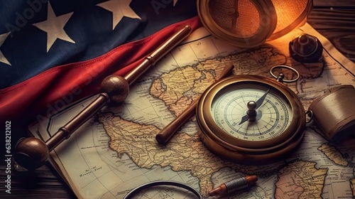American flag and compass on treasure map on the tab