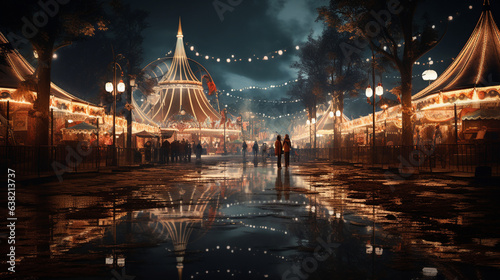 A moonlit carnival midway with empty rides casting eerie reflections 
