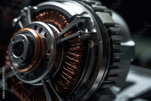 A mesmerizing close-up capturing the dynamic motion of industrial gears, intricate wiring, and a formidable electric motor in a captivating macro composition.