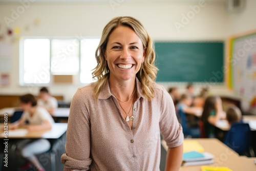Portrait of a smiling caucasian middle school teacher teaching a classroom of students