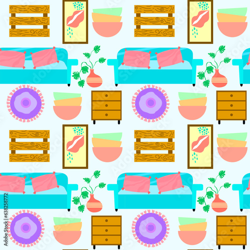 home room furniture seamless vector repeat pattern. Sofa, pillow, cushion, wooden frame, drawer, flower pots, lip frame and bowls seamless vector repeat pattern. Good for tiles, textile, fabric.