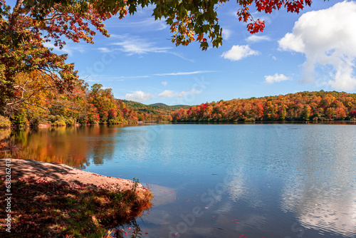 View of Price Lake in Julian Price Park on Blue Ridge Parkway near Blowing Rock, North Carolina in fall season.