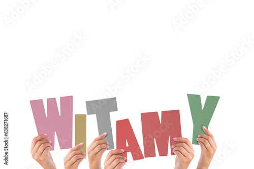 Digital png illustration of hands holding witamy text on transparent background