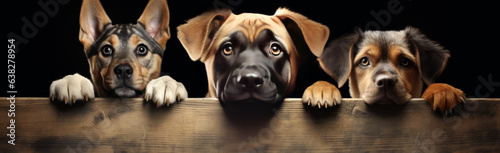 Banner for the animal shelter website. Three puppies of different breeds of dogs behind a wooden stand on a black dark background.