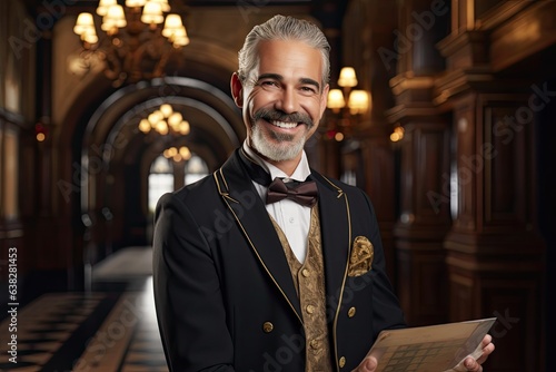 smiling concierge warmly welcoming guests at a luxurious five star hotel (Generative AI)