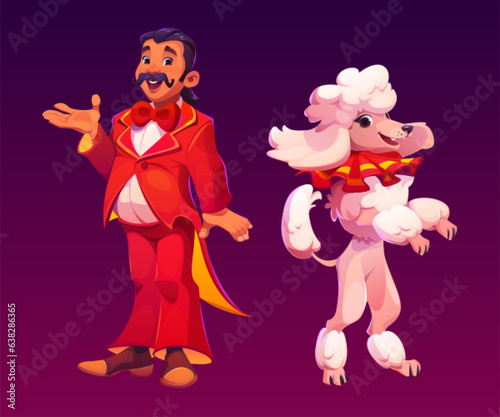 Cartoon circus man character and poodle vector set. Carnival magician performer with dog in vintage suit. Pet trainer in creative retro costume stand near jumping dog. Cute and funny cirque artist