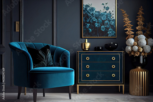 Blue classic armchair next to elegant cabinet in living room. Illustration generative AI