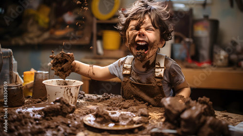 A brat toddler getting up to mischief, getting dirty, and making a delightful mess with chocolate in the kitchen