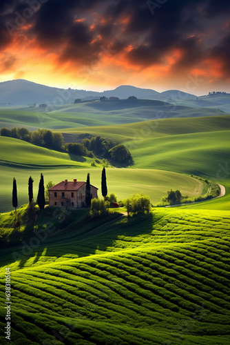 Generative AI landscape illustration of Tuscany valley in Italy at sunset time