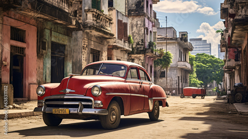 Old american car parked with havana building