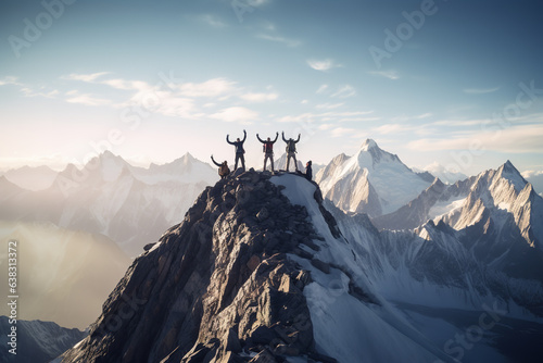 Jubilant climbers rejoicing their successful ascent, with a picturesque mountain range serving as their triumphant backdrop
