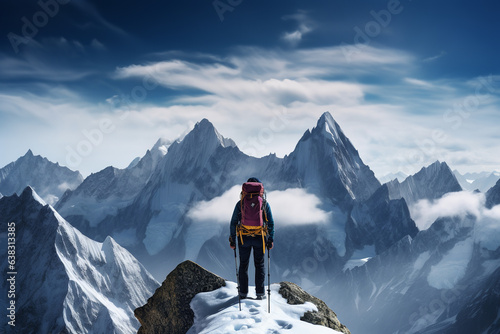 Breath-taking view of majestic mountain peaks, captured from the vantage of an adventurous climber on an epic ascent