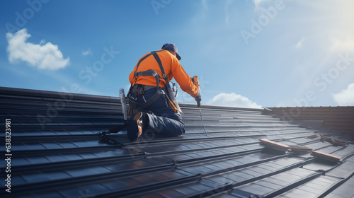 A Maintenance roof replacement, worker holding a bolting tool is replacing metal cheese roofing sheets and fixing the sheet with bolts using bolt cutters.