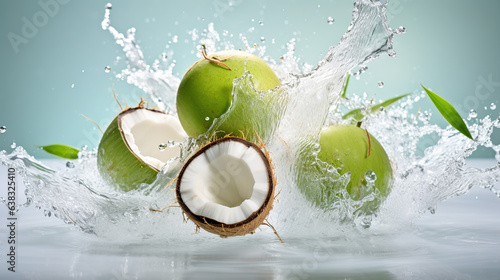 A coconuts floating in the air Surrounded by lively coconut water The white background provides a stark contrast that emphasizes the bright green fruit and bright splashes of juice.