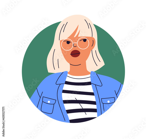 Modern girls avatar in circle. Young stylish woman in eyeglasses, head portrait. Cool pretty female character face, glasses and red lips. Flat vector illustration isolated on white background