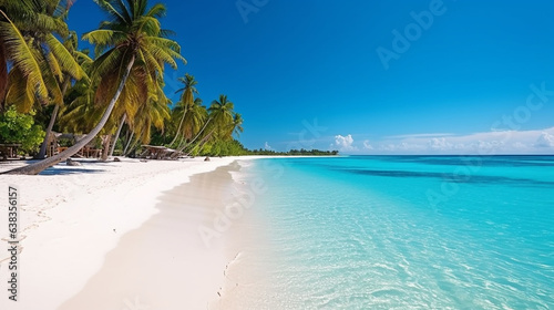 Panoramic view of a tropical beach with palm trees and blue sky