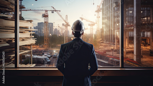 back view of an engineer or architect with a helmet standing in front of his plans and looking at a big city construction site.