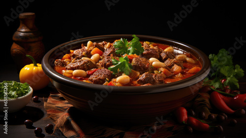 a bowl of traditional goulash with meat and vegetables.