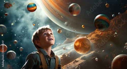 Illustration of a fantastic planetarium with a child, with planets and stars, space and galaxies.