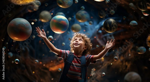 Illustration of a fantastic planetarium with a child, with planets and stars, space and galaxies.