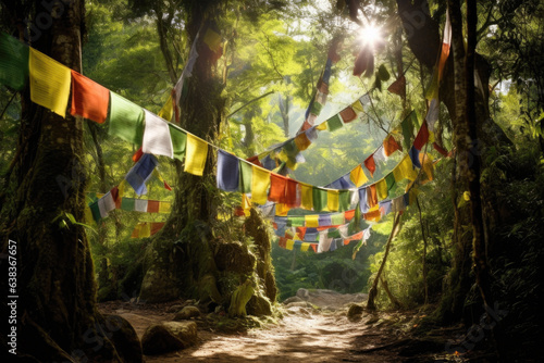 Tibetan prayer flags on the trees in the forest