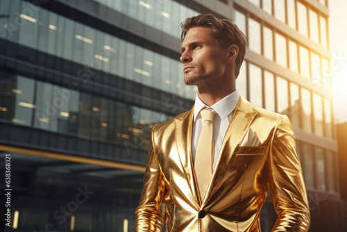 Wealthy, spoiled businessman in gold suit against business center backdrop.