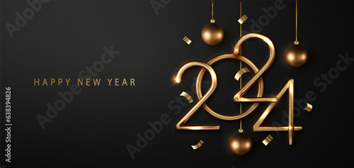 2024 New Year elegant card design featuring gold and black with golden balloons, confetti, and ribbons. Ideal for holiday greetings, invitations, and Christmas celebrations.