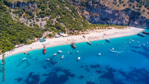  Aerial drone view of the paradise beach of Kroreza or Krorez on the Albanian riviera in Sarande, Albania. turquoise waters