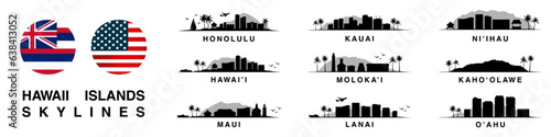 Vector illustration featuring the iconic skylines of Hawaii's islands. Set of exotic landscapes. Perfect for designs capturing the essence and beauty of the Aloha State. Maui, Honolulu, Kauai and more