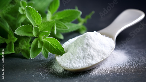 Stevia sugar with a twig of stevia plant on dark background. Spoon filled with stevia powder with fresh stevia leaves, stevia banner. Natural sweetener, sugar substitute, alternative sugar. No sugar