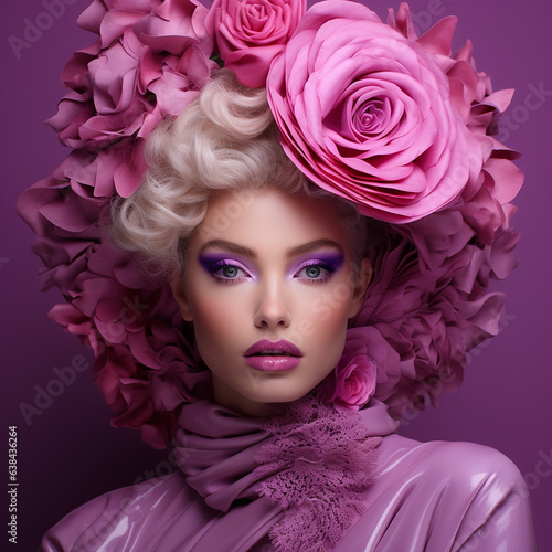 Super Fashion Model Gesicht in rosa und lila farbenen Kopfschmuck mit Blumen umhüllt Nahaufnahme, ai generativ