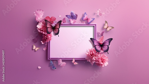 Bilderrahmen leer in Pink mit Blumen und Schmetterlinge dekoriert als Hintergrund und Grußkarte für Druckvorlage in Querformat, ai generativ