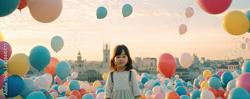 young girl with many color ballons flying over her head. copy space for text.