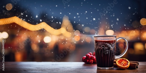 Christmas market and sweet hot mulled wine on the snow. Wooden background, space for text.