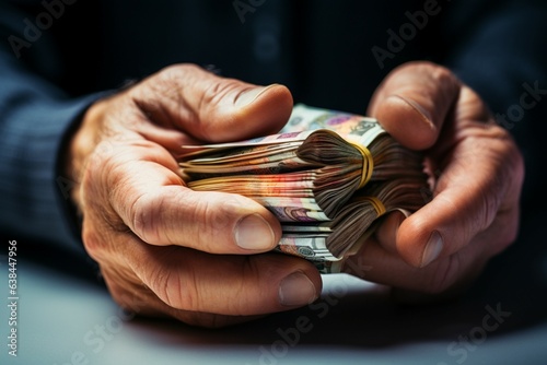 Euros held between mature mans fingers a bundle of currency, a testament of wealth Generative AI