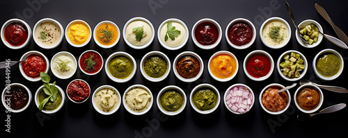 chutney set or collection in bowls on black background, top view,