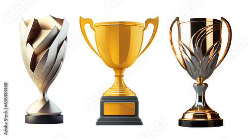 First place gold trophy cup isolated on free PNG background. 3d rendering. Collection of futuristic and classic cups.