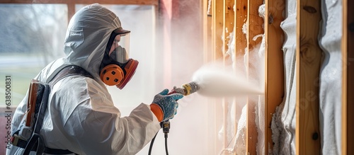 Man worker using plural component gun to spray polyurethane foam inside wooden frame house for insulation