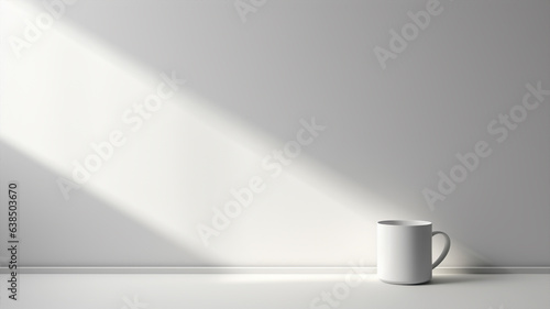 Fond abstrait blanc pour la présentation de produits. Avec ombres et lumières des fenêtres, avec une tasse blanche, minimaliste et épuré.
