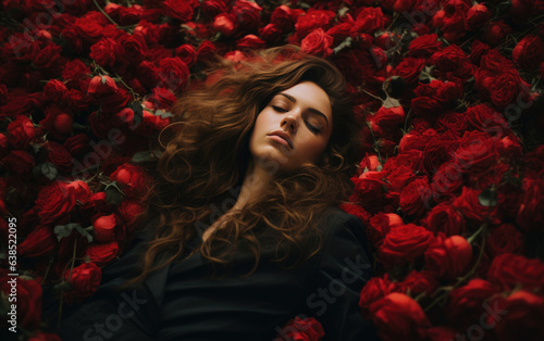 jeune femme au cheveux long endormi au sol sur un parterre de roses rouge