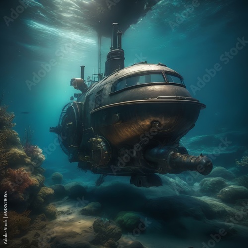 A steam-powered submarine exploring the depths of an alien underwater world3