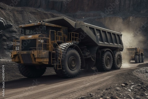 Extraction of magnetite and iron ore from open-pit mines, loading onto large trucks. Generative AI