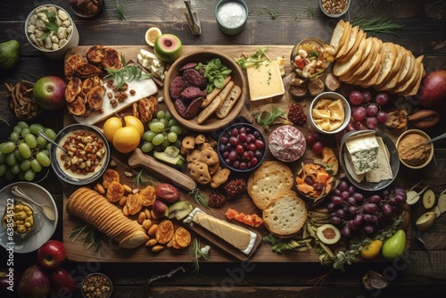 An aerial shot of a party platter with nutritious and enjoyable snacks and condiments, perfect for a lively tailgate gathering with loved ones during football season. Generative AI
