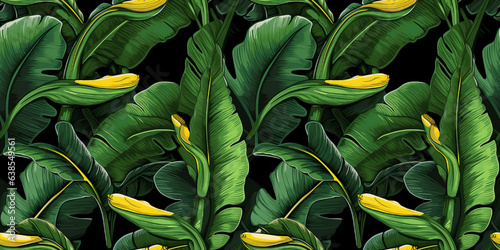 Banana tree drawings seamless pattern, plantain leaves graphics. Concept: Bright jungle elements.