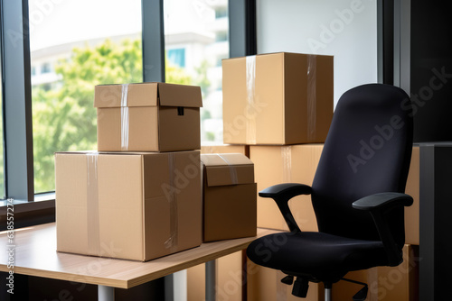 Stack of cardboard boxes with stuff and office chair in empty office room. Moving to new office, relocating, crisis, remote working, start new business, e-commerce concept