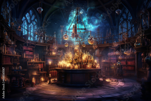 Generative ai collage image picture of alchemist lab with potion cauldron for making magical dark spell