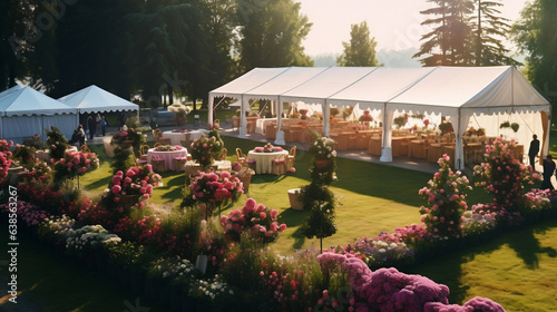 Ogród w kwiatach przygotowany na wesele z białym namiotem i stołami - ślub w plenerze